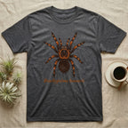 Charcoal t-shirt with a Brachypelma hamorii tarantula illustration and text.