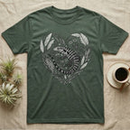 Green t-shirt with a black and white lizard design framed by floral elements.