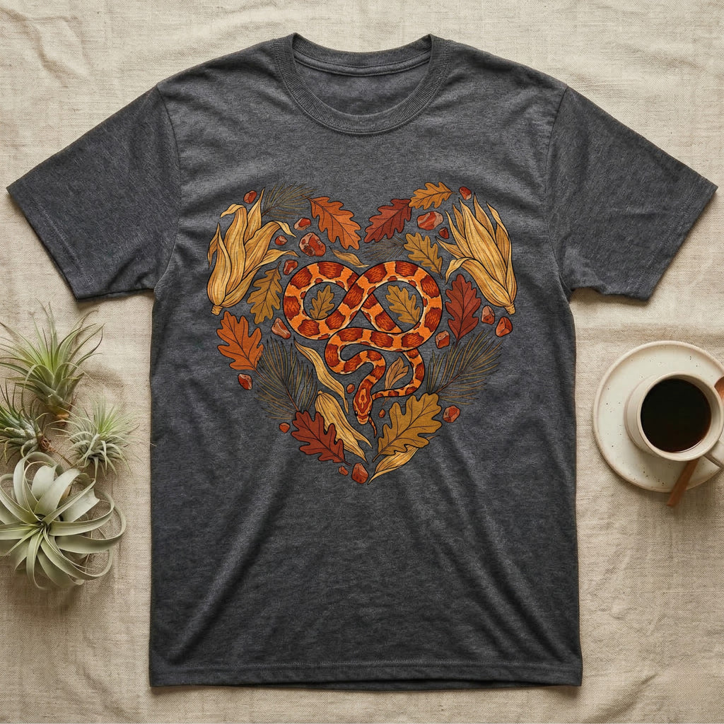 Dark grey t-shirt with heart-shaped snake and autumn leaves design.