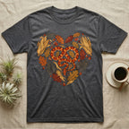 Dark grey t-shirt with heart-shaped snake and autumn leaves design.