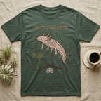 Axolotl Home Range T-Shirt in Military Green — Woodcut-style illustration of an axolotl drifting among reeds and lily pads in a Xochimilco canal, no on-shirt text.