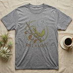 Grey t-shirt with a cartoon praying mantis asking "Am I a leaf?"