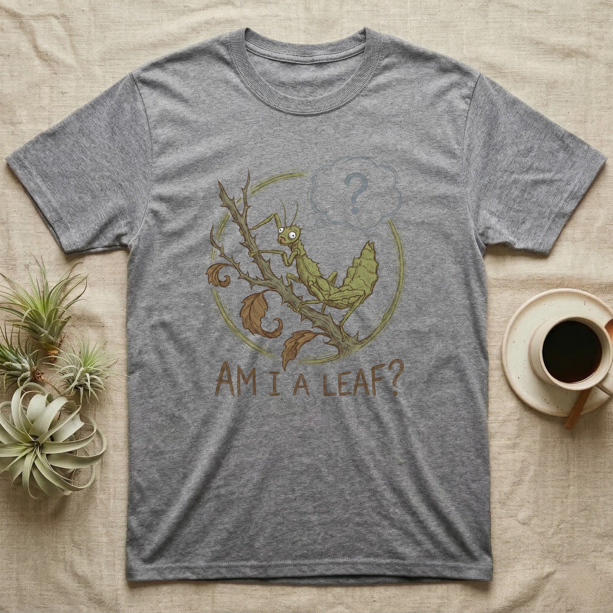 Grey t-shirt with a cartoon praying mantis asking "Am I a leaf?"