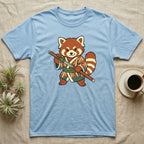 Light blue t-shirt with a cartoon red panda in a kimono holding a sword.