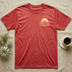 Bioactive Rubber Ducky T-Shirt in Heather Red — Creamy-yellow rubber ducky isopod with an orange face peeking over white marker capitals reading I'M NOT MESSY I'M BIOACTIVE.
