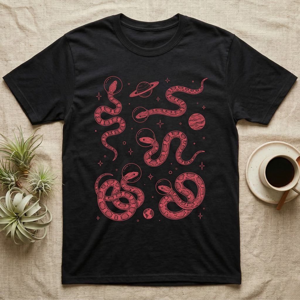 Corn Snake Cosmic T-Shirt in Black — Vintage screen-print illustration of corn snakes in astronaut helmets floating in space, cosmic crimson monochromatic on dark background.