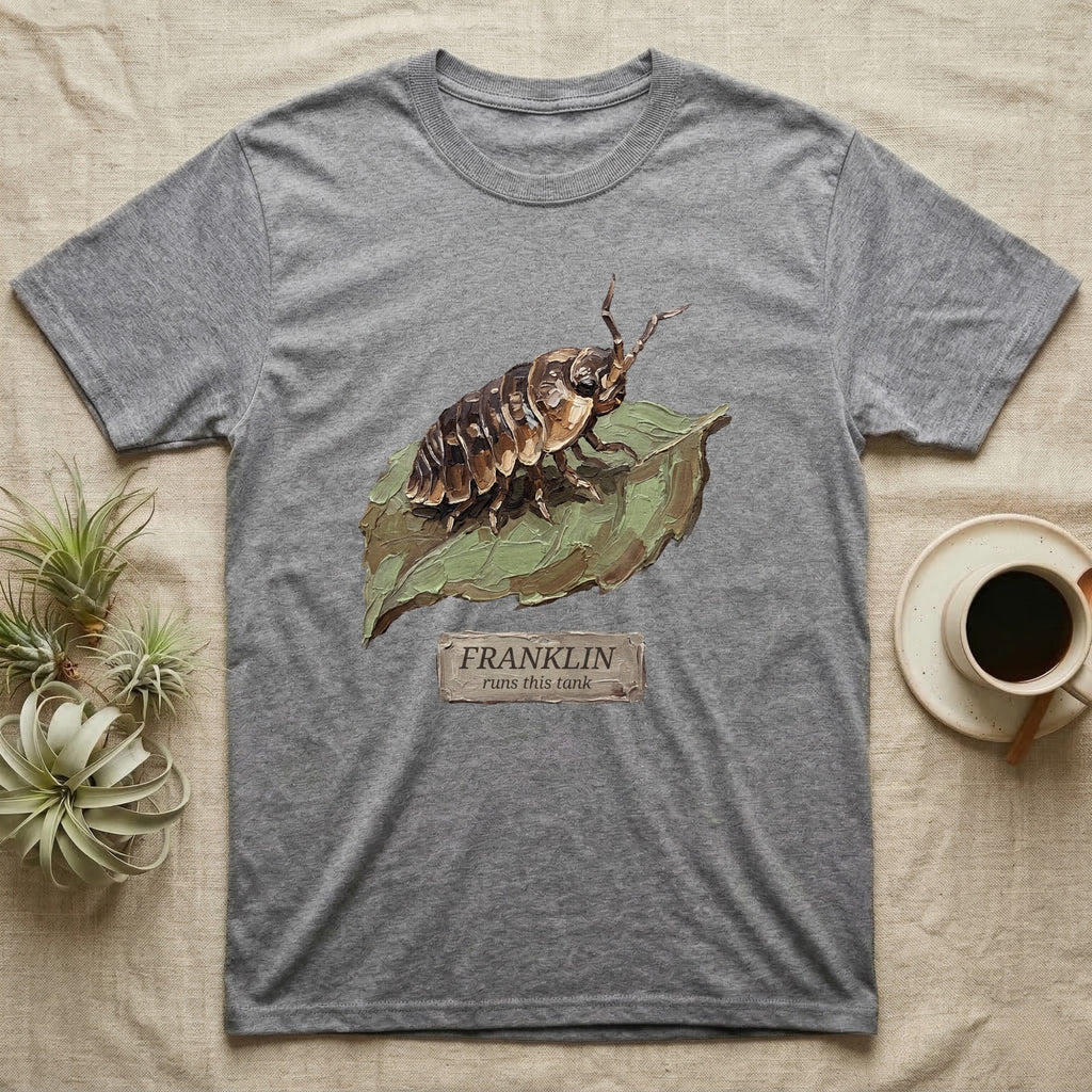 Franklin Isopod Tank T-Shirt in Sport Grey — Impasto oil-painting portrait of an isopod on a leaf with an engraved Franklin name-plate beneath the subject.