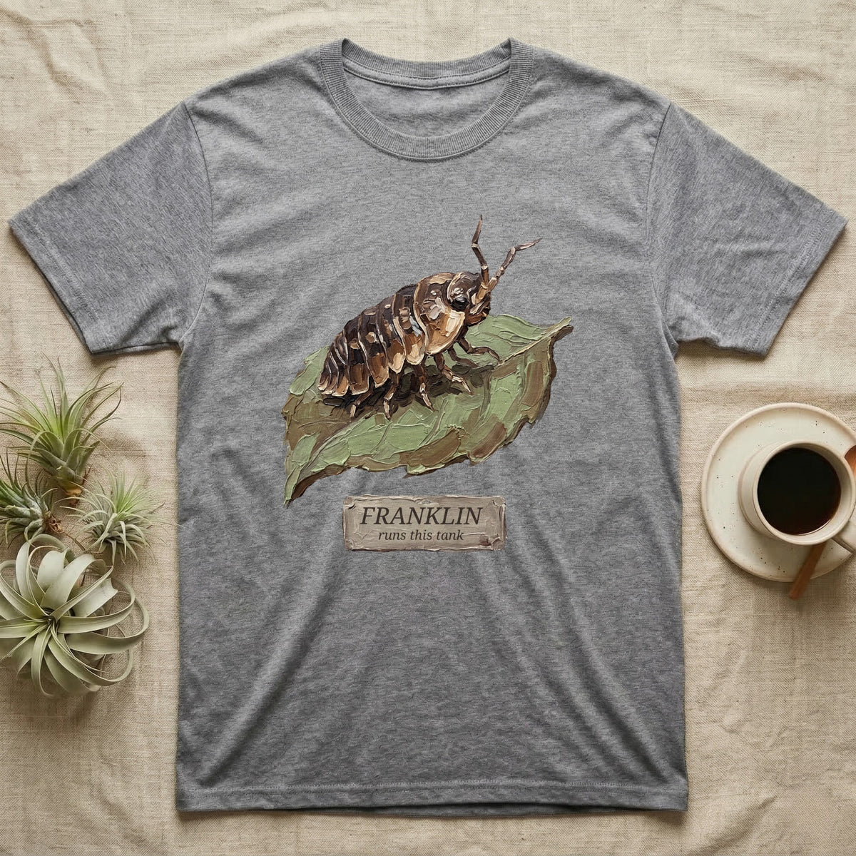 Franklin Isopod Tank T-Shirt in Sport Grey — Impasto oil-painting portrait of an isopod on a leaf with an engraved Franklin name-plate beneath the subject.