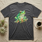 Dark gray t-shirt with a vibrant green frog illustration.