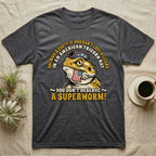 Bearded Dragon Tricorn Tee in Dark Heather — Bold woodcut tee of a bearded dragon in a colonial tricorn hat, gold and cream text reading You Don't Deserve A Superworm, on black.