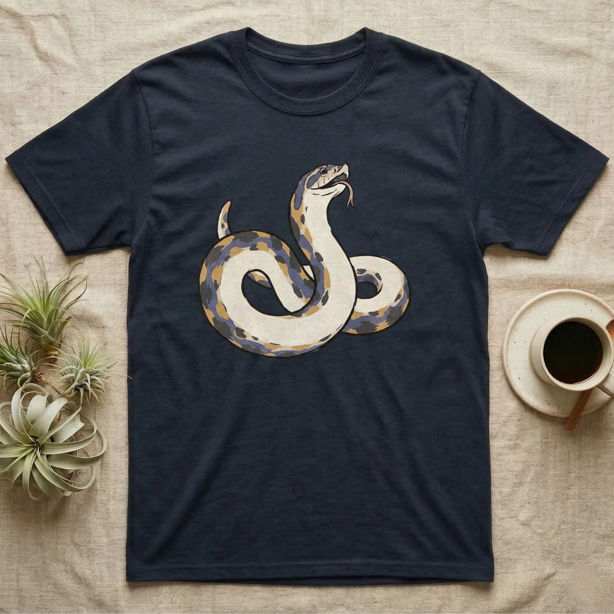 Hognose Play Dead T-Shirt in Navy — Ukiyo-e woodblock illustration of a western hognose snake playing dead belly-up with a deadpan serif caption beneath.