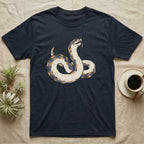 Hognose Play Dead T-Shirt in Navy — Ukiyo-e woodblock illustration of a western hognose snake playing dead belly-up with a deadpan serif caption beneath.