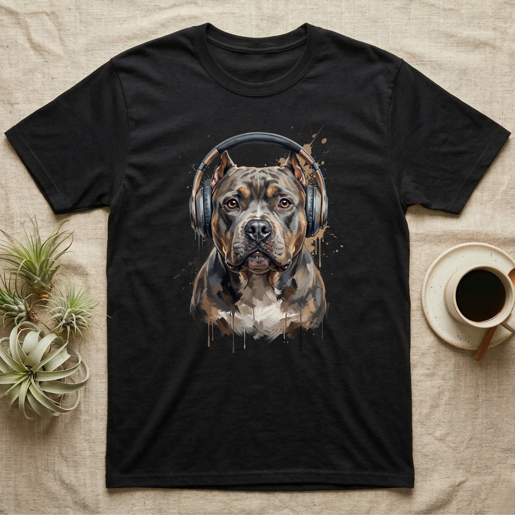 Black t-shirt with a watercolor pitbull wearing headphones.
