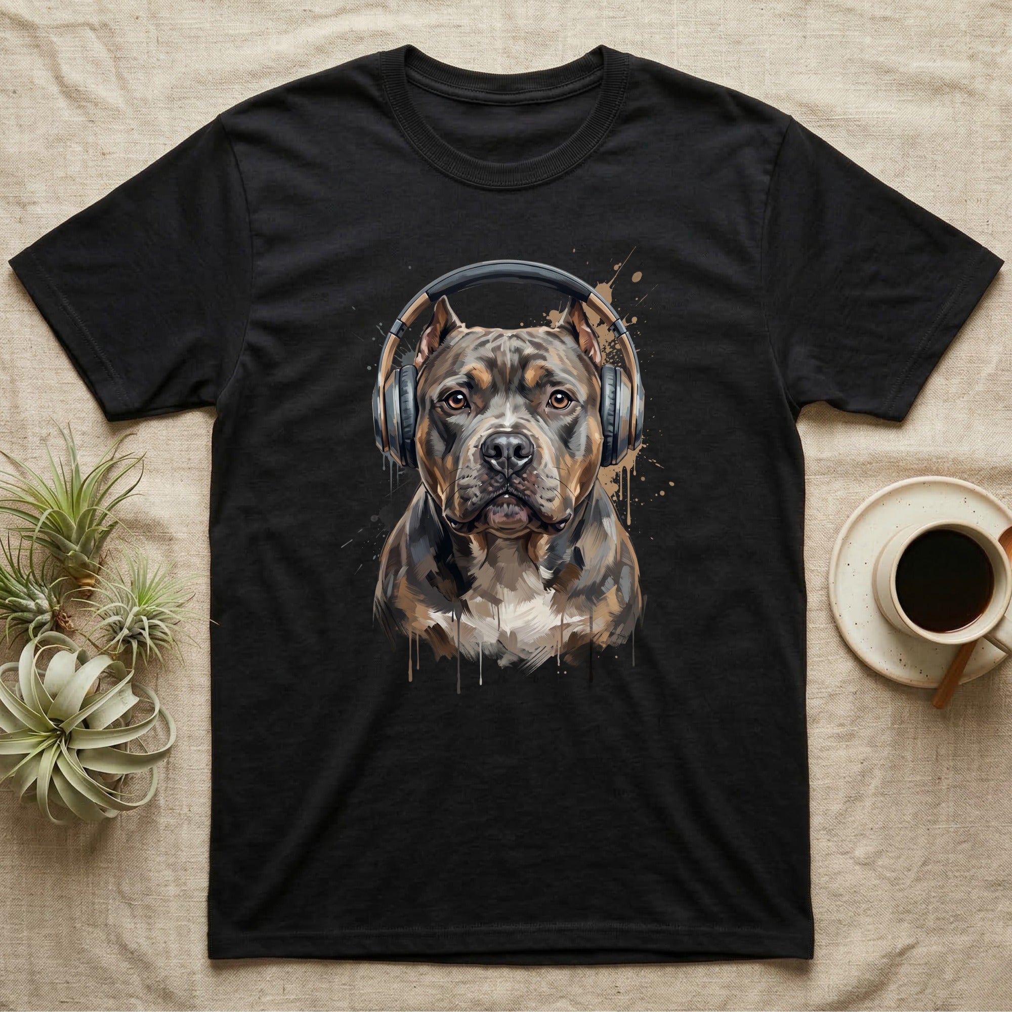 Black t-shirt with a watercolor pitbull wearing headphones.
