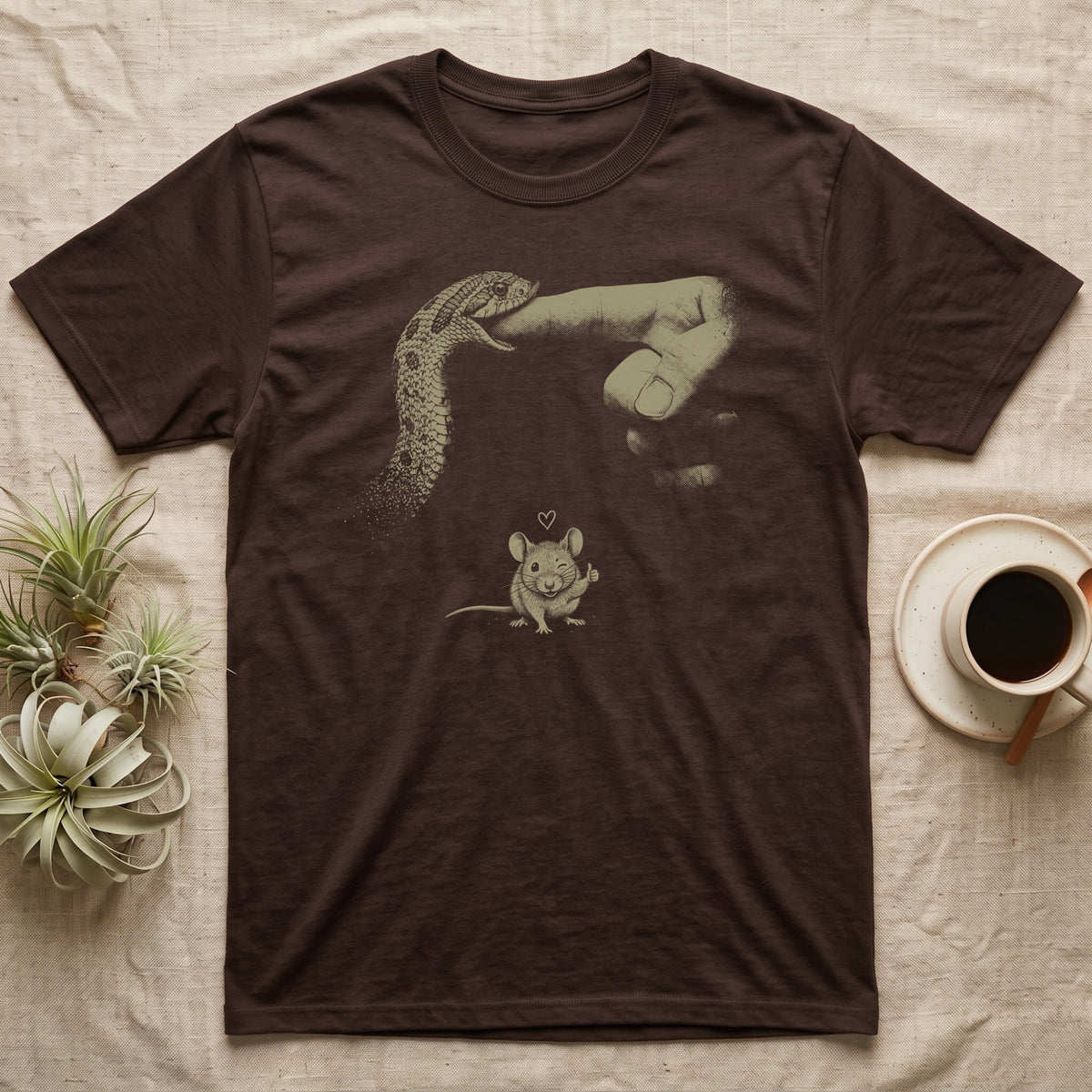 Hognose Finger Bite T-Shirt in Dark Chocolate — Single-ink western hognose biting a fingertip while a winking mouse below gives a thumbs-up, on black.