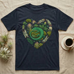 Navy t-shirt with a heart-shaped design of a green lizard and plants.
