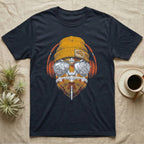 Chameleon Chill Vibes T-Shirt in Navy — Engraved chameleon with patterned orange skin in a beanie and headphones, aviators reflecting a jungle canopy.