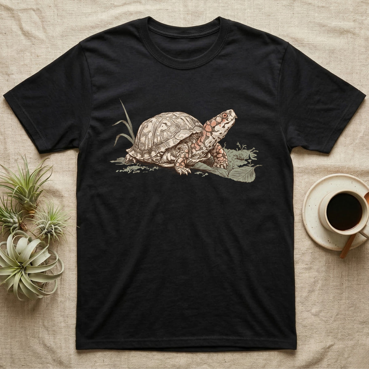 Box Turtle Shell T-Shirt in Black — Naturalist-plate illustration of a box turtle with its shell shown as living body, above a serif welfare creed caption.