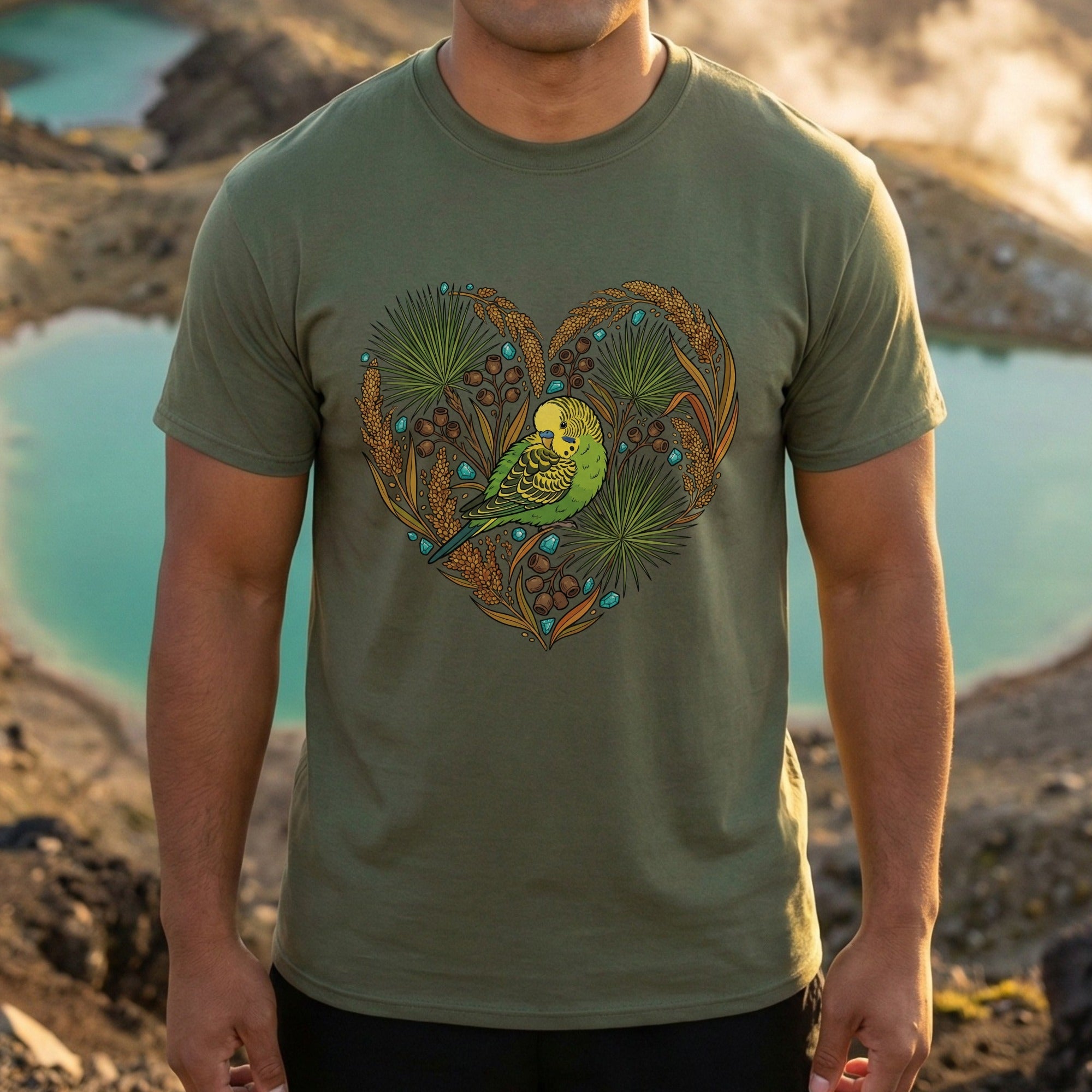 Budgerigar Graphic Heart Design on Green Shirt