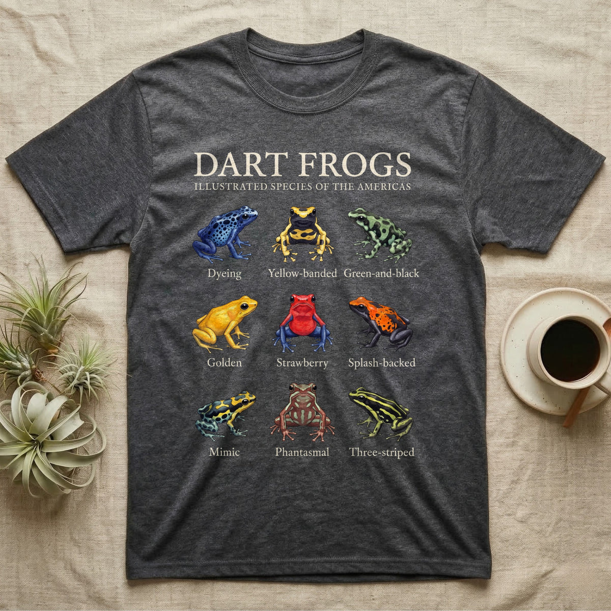 Dart Frog Chart T-Shirt in Dark Heather — Watercolour chart of nine named poison dart frogs under a cream serif Dart Frogs title