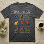 Dart Frog Chart T-Shirt in Dark Heather — Watercolour chart of nine named poison dart frogs under a cream serif Dart Frogs title