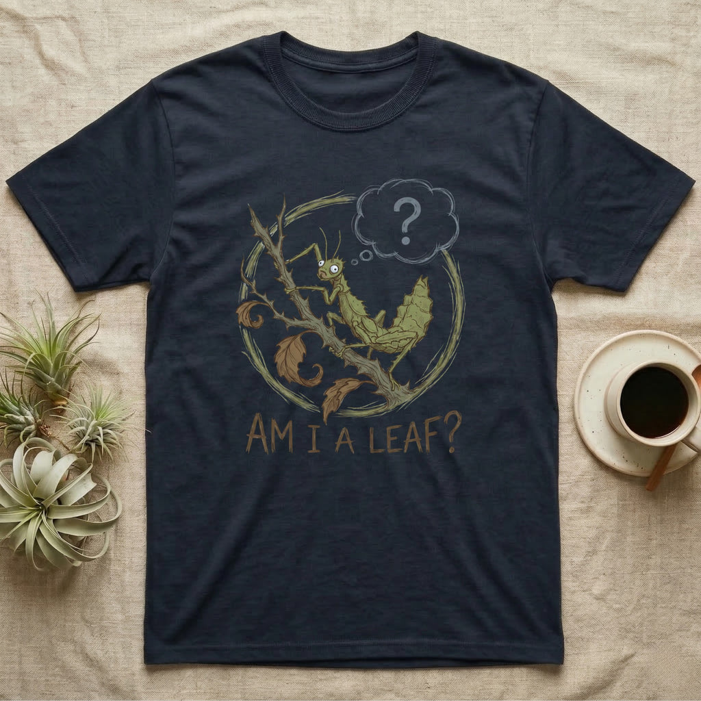 Stick insect on a branch in a circle with "AM I A LEAF?" question.