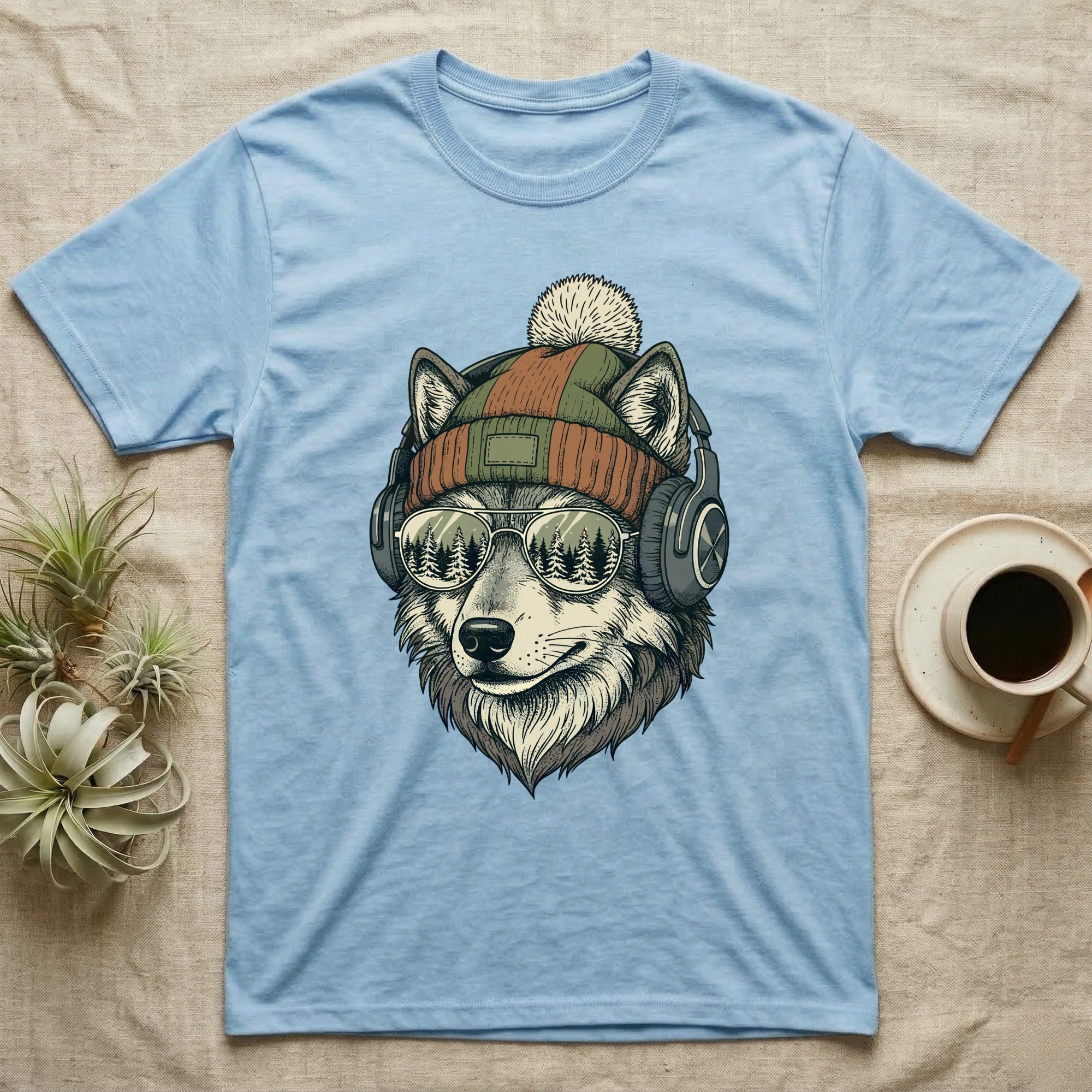 T-shirt graphic of a wolf wearing headphones, sunglasses, and a beanie.