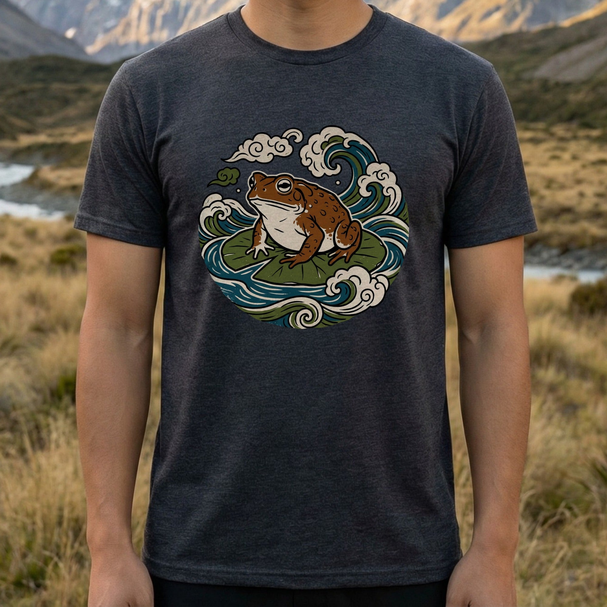 Frog on Lily Pad with Waves Graphic T-shirt