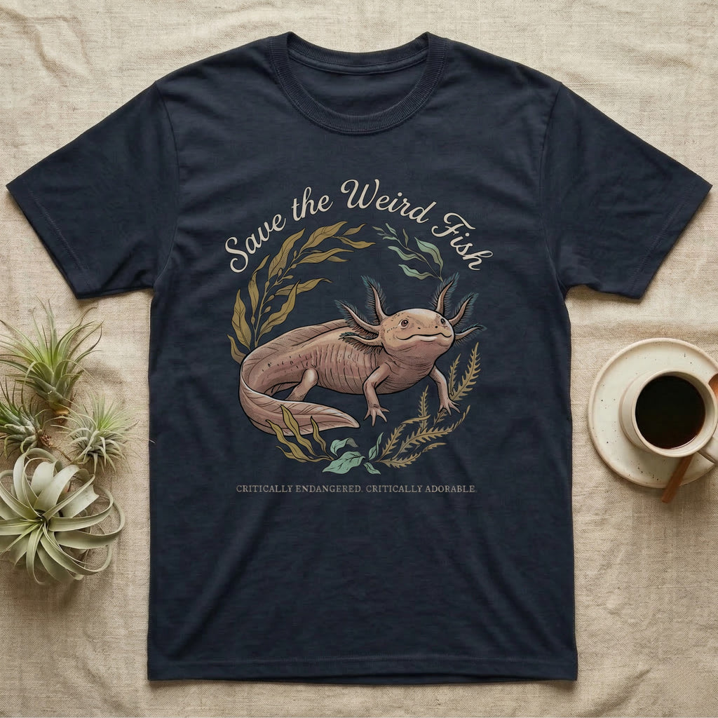 Axolotl Save Weird Fish T-Shirt in Navy — Botanical axolotl with teal gill plumes inside a water-plant wreath; script type "Save the Weird Fish" arched above.