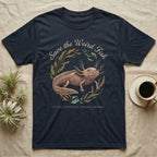 Axolotl Save Weird Fish T-Shirt in Navy — Botanical axolotl with teal gill plumes inside a water-plant wreath; script type "Save the Weird Fish" arched above.