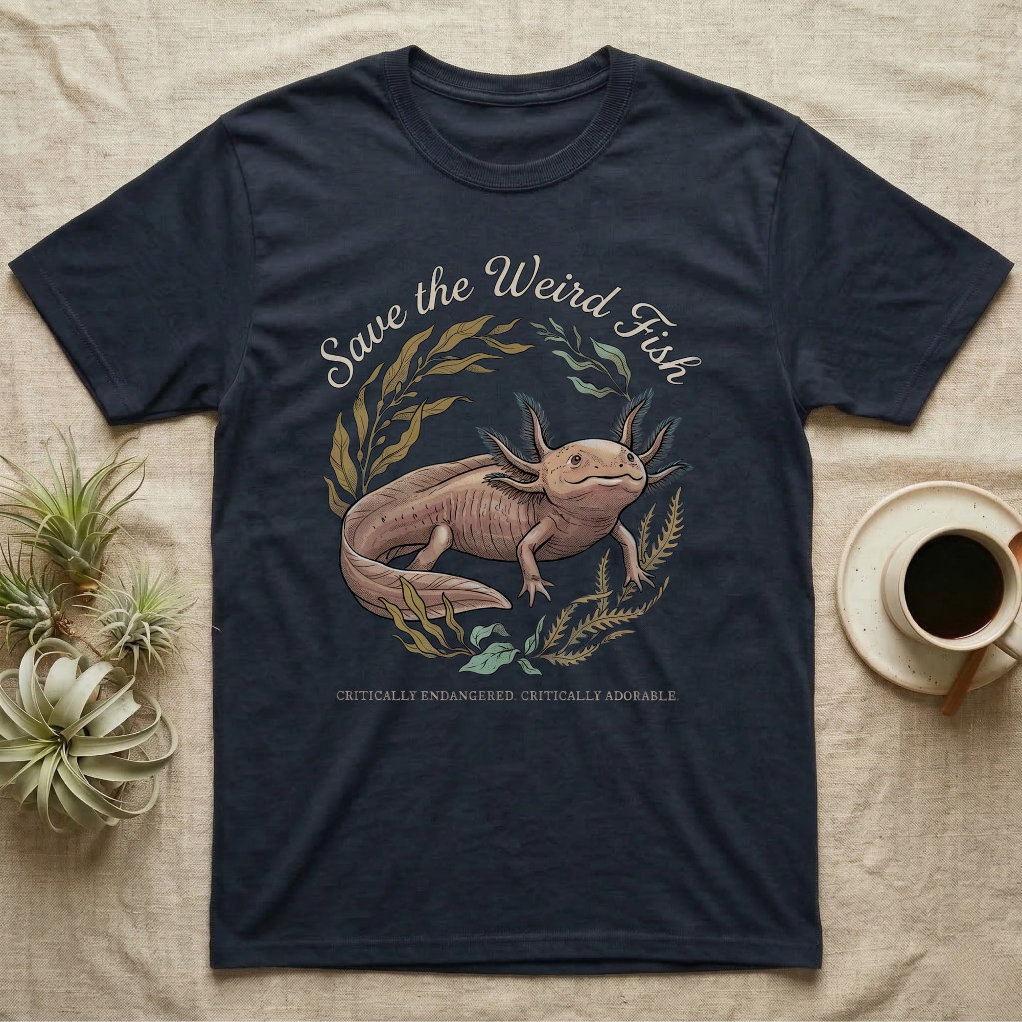 Axolotl Save Weird Fish T-Shirt in Navy — Botanical axolotl with teal gill plumes inside a water-plant wreath; script type "Save the Weird Fish" arched above.