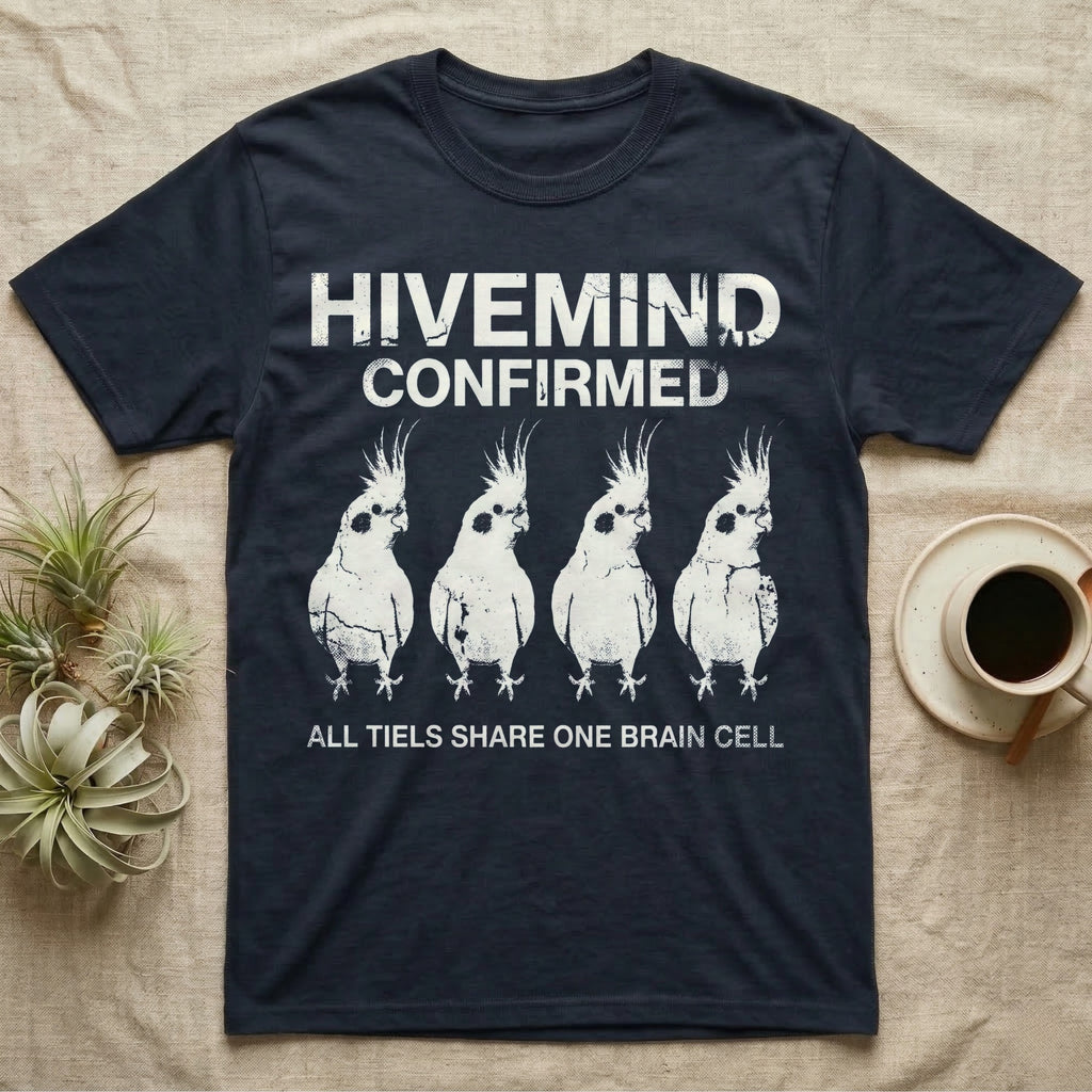 Cockatiel Hivemind Confirmed T-Shirt in Navy — Grunge-distressed four cockatiels in identical synchronised posture with distressed type "Hivemind Confirmed."