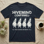 Cockatiel Hivemind Confirmed T-Shirt in Navy — Grunge-distressed four cockatiels in identical synchronised posture with distressed type "Hivemind Confirmed."
