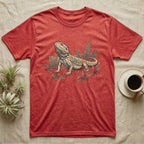 Bearded Dragon Dinosaur T-Shirt in Heather Red — Faded 90s nature-doc illustration of a bearded dragon posed in profile as a tiny dinosaur specimen on a field plate.