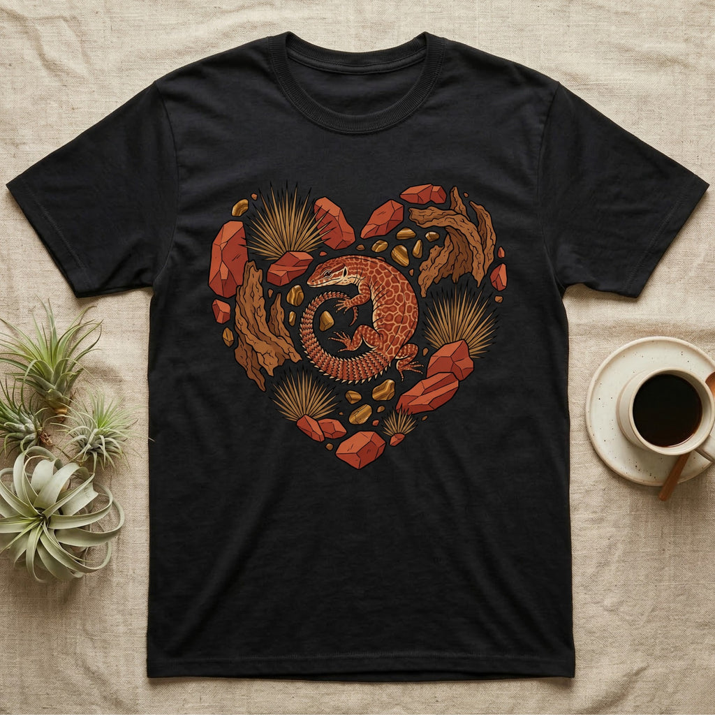 Black t-shirt with a heart-shaped graphic featuring a lizard and desert rocks.