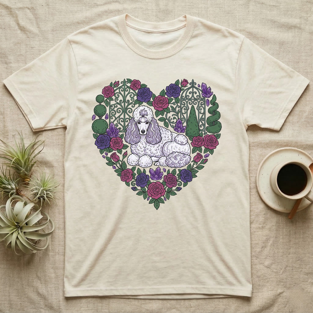 Poodle wearing a floral heart crown on a light cream t-shirt.