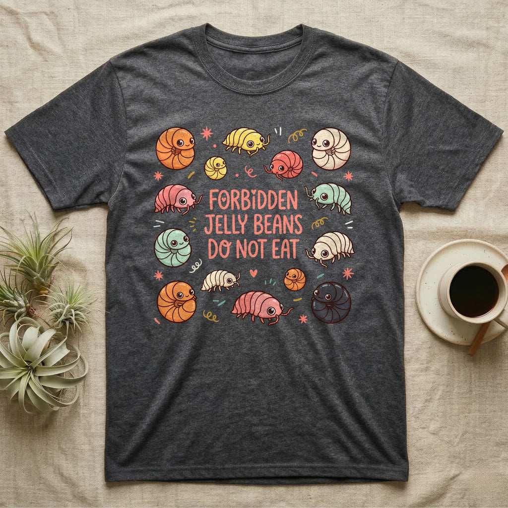 T-shirt graphic with assorted cute pill bugs and text "Forbidden Jelly Beans Do Not Eat".