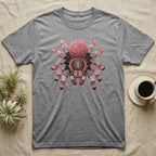 Grey t-shirt with a colorful pink and purple tarantula graphic design.