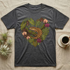 Dark t-shirt with heart-shaped botanical design featuring a lizard.