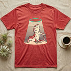 Bearded Dragon Diva T-Shirt in Heather Red — Bold vector illustration of a bearded dragon in a dramatic stage pose under a soft spotlight, chin lifted.