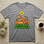 Grey t-shirt with pixelated lizard, bug, and text "LEVEL UP: BUG HUNTER".