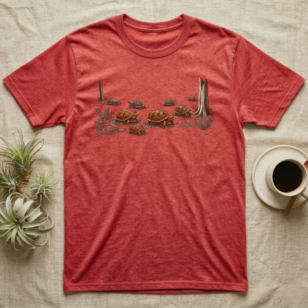 Box Turtle Forest Floor T-Shirt in Heather Red — Sepia ink and wash illustration of eight eastern box turtles crossing open woodland between two deadfall trunks.