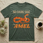 Amel Corn Snake T-Shirt in Military Green — Orange engraved amel corn snake with orange-red saddles mid-hiss between peach and orange lettering reading NO DARK SIDE, I'm AMEL