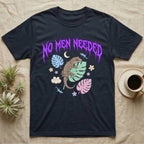 Mourning Gecko Feral T-Shirt in Navy — Mourning gecko on a leaf flanked by clone silhouettes under a jagged violet metal "NO MEN NEEDED" wordmark.