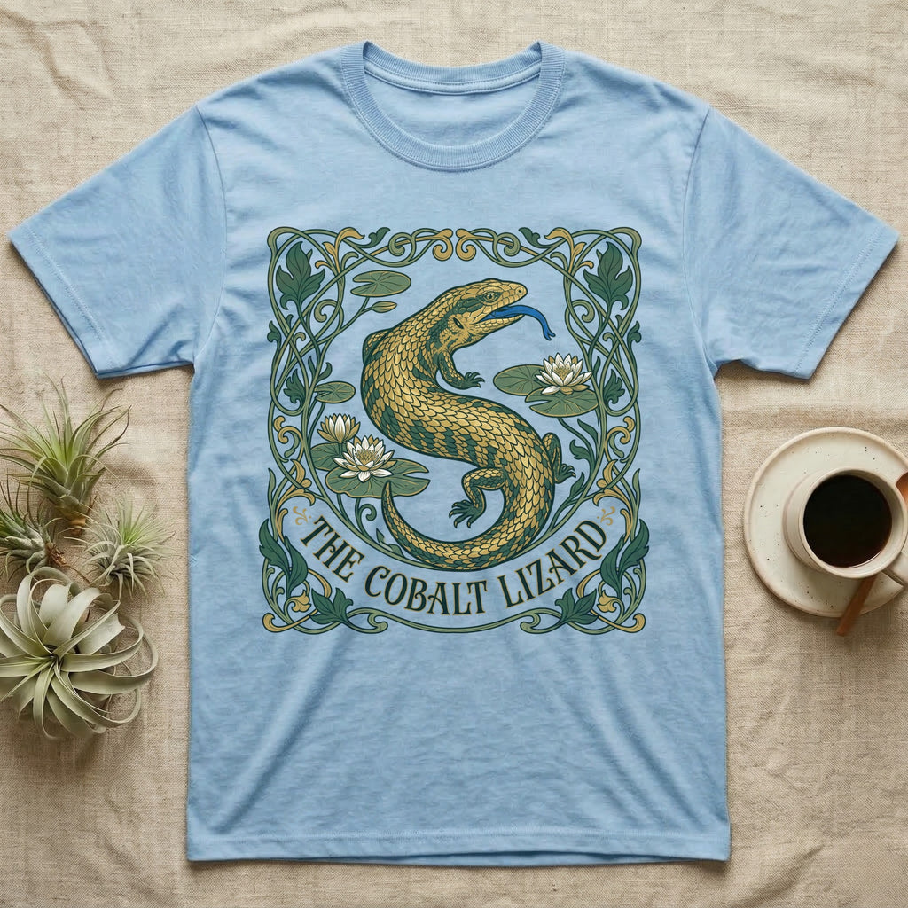 Blue t-shirt with "The Cobalt Lizard" text and a gilded lizard design.