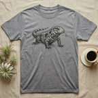 Gray t-shirt with black and white drawing of a tegu lizard and a cup of coffee.