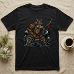 Black t-shirt with illustration of a samurai crocodile holding a spear.