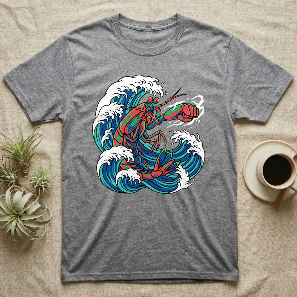 Gray t-shirt with a colorful lobster in a breaking wave graphic.
