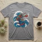 Gray t-shirt with a colorful lobster in a breaking wave graphic.