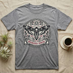 Grey t-shirt with Memento Vivere moth design.